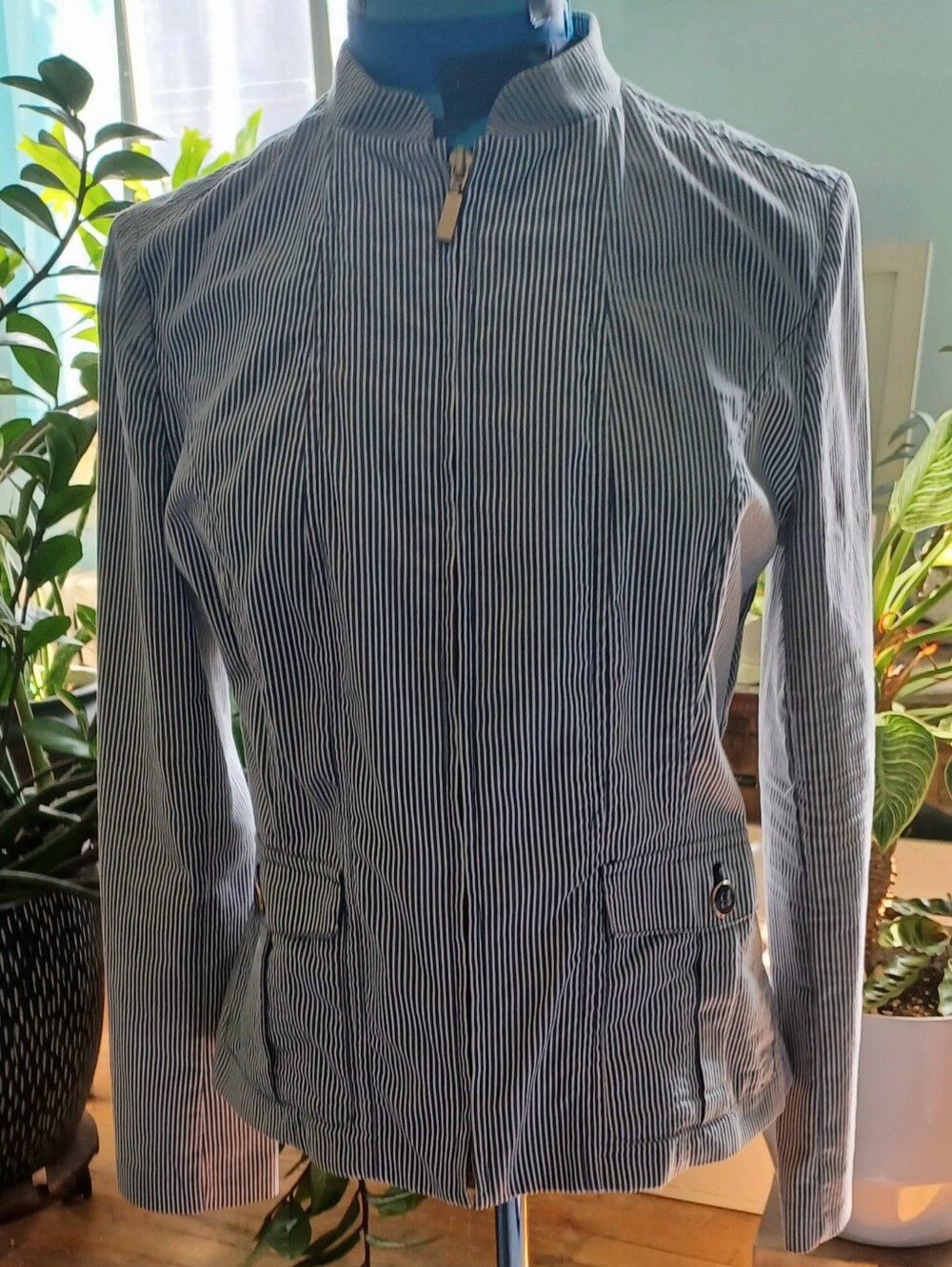 Charter Club Navy and White Striped Zip-Front Utility Jacket